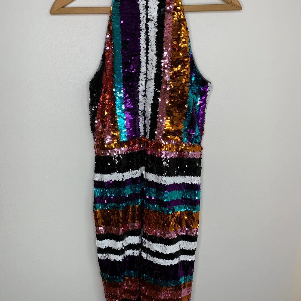 TFNC London Short Full Sequin Halter Multicolor PROM Club Rave